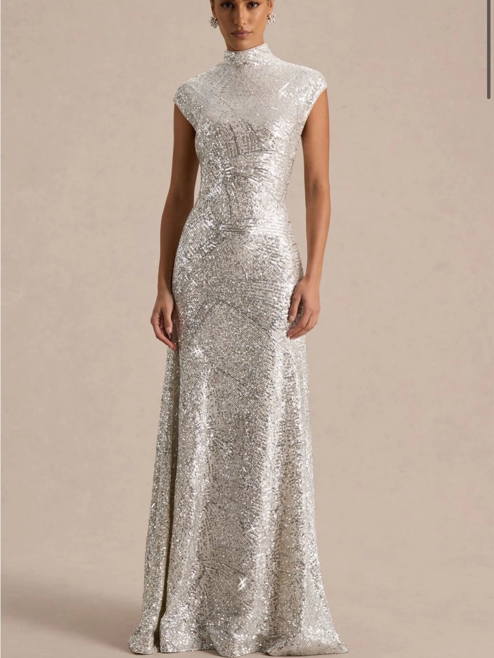 Club L London Cecy Silver Sequin High-Neck Maxi Dress With Cap Sleeves